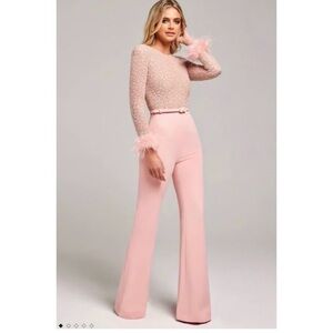 NADINE MERABI Pink Jumpsuit with Feather Cuffs